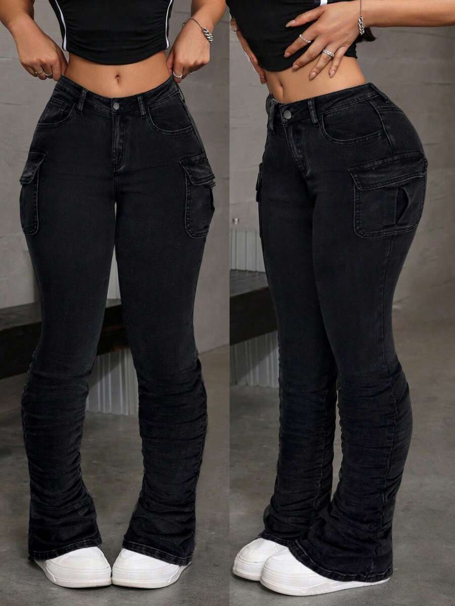 SHEIN 少女时尚休闲 Y2K 复古酷炫街头返校学院风黑色工装口袋设计牛仔弹力修身低腰牛仔裤秋冬秋季锐舞节和街头服饰 - 黑色 - 查看 1