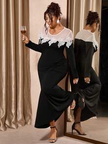 Cravure Plus Size Women's Lace Trim Off-Shoulder Bodycon Dress, Stylish, Sexy, Dignified, Elegant, Romantic - Black and White - View 3