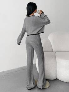 SHEIN 2pcs Teen Girl Casual Comfortable Matching Sweater & Pants Set, Contrast Color Trim - Grey - View 6