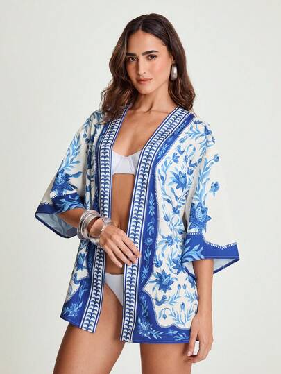 CAJUNI 女士度假印花和服，适合夏季海滩度假，夏季和服，沙滩和服，女士沙滩装，蓝色泳衣罩衫，带罩衫的女士泳装，女士和服