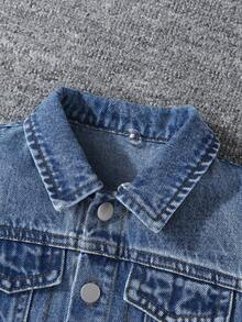 Chaqueta vaquera para niños pequeños, nueva llegada de otoño/invierno, capucha de punto retazos, lavado azul medio vintage, retazos de punto gris jaspeado, chaqueta vaquera con capucha ajustada y abrigo, tela suave y cómoda, versátil para uso diario casual, ropa de abrigo para bebés y niños pequeños - Multicolor - Ver 6