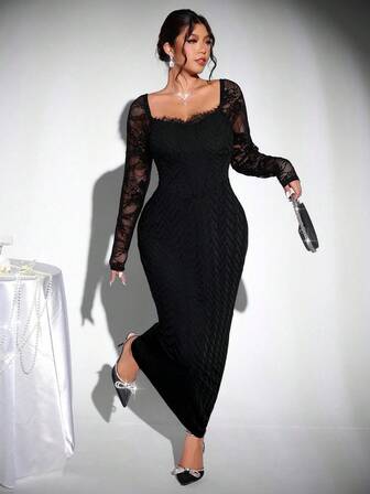 Firerie Plus Size Women's New Casual Elegant Bodycon Lace Patchwork Dress, Black Dress, Alluring Dress, Suitable For Parties, Dates, Romantic Nights, Galas, Mermaid Dress Lace Black Dress Curve Elegant Dress Long Sleeve Elegant Dress