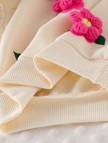 SHEIN Playful Pals Baby Girls Casual Cute Sweatshirt Set, 3D Crochet Floral Print Pullover Top And Knit Leggings, Autumn Fall Winter