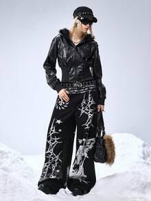 ROMWE EDITION Kpop朋克压纹PU皮革短款修身毛领连帽夹克 - 黑色 - 查看 3