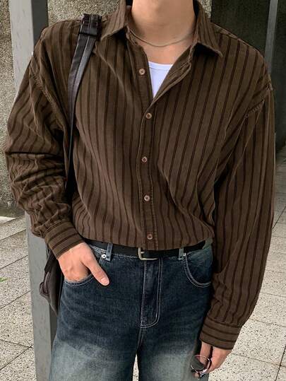 DAZY Men's Striped Brown Long Sleeve Single-Breasted Casual Shirt, Autumn