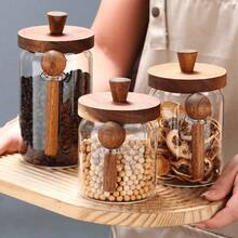 1pc Glass Coffee Canister With Wooden Lid & Spoon Set, Air-Tight Food Storage Jars For Kitchen Organization - Provided In 3 Sizes