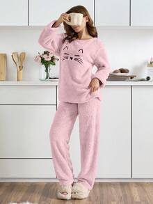 EURMUSE 2Pcs Plush Cute Cat Face Embroidery Detail PJ Set - Baby Pink - View 4