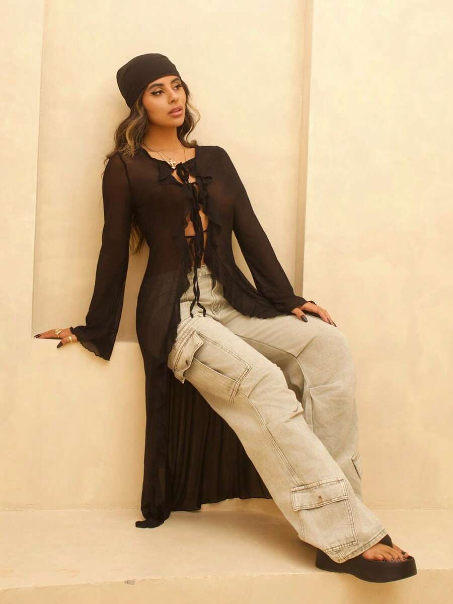 Rayane Ketlyn Women Fall/All-Season Streetwear  Boho Fairycore Daily Wear Rave Renaissance Fair Hippie Music Festival Mesh Straps Ruffle Ribbon Long Coat - Black - View 1
