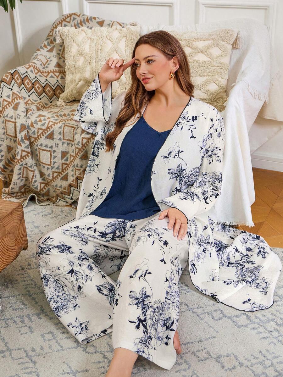 Serenescape Crinkle Print Vacation Style Robe And Camisole Pants Set, Autumn/Winter - Khaki - View 1