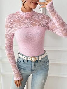 RosyDaze Women's Elegant French Lace Collar Fitted Long Sleeve T-Shirt - Baby Pink - View 6