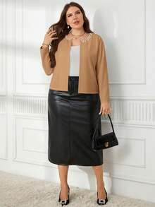 EMERY ROSE Chaqueta elegante de manga larga con falso perla de unicolor para tallas grandes - Caqui - Ver 6