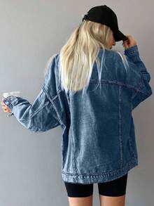 ZIRRA Women's Autumn Dropped Shoulder Long Sleeve Single-Breasted Casual Pocket Denim Jacket - Medium Wash - View 2