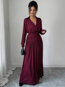 Selianne 女式优雅勃艮第衬衫领闪光雪纺褶饰腰部设计金属装饰纽扣长袖修身连衣裙，春秋 - 酒紅色 - 查看 4