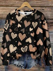 EMERY ROSE Women's Plus Size Sweatshirt,Black Ombre Khaki Heart&Leopard Pattern Full-Print,Smart Casual Everyday Style For Autumn,Winter,Halloween,Christmas - Multicolor - View 5