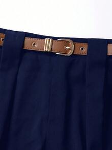 SHEIN PETITE Petite Women Commuter Simple Versatile Fold-Up Pants - Navy Blue - View 5
