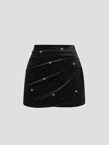 Sweetra Plus Size Black Rhinestone Pleated Ruched Waist Fitted Mini Skirt, Autumn/Winter - Black - View 1