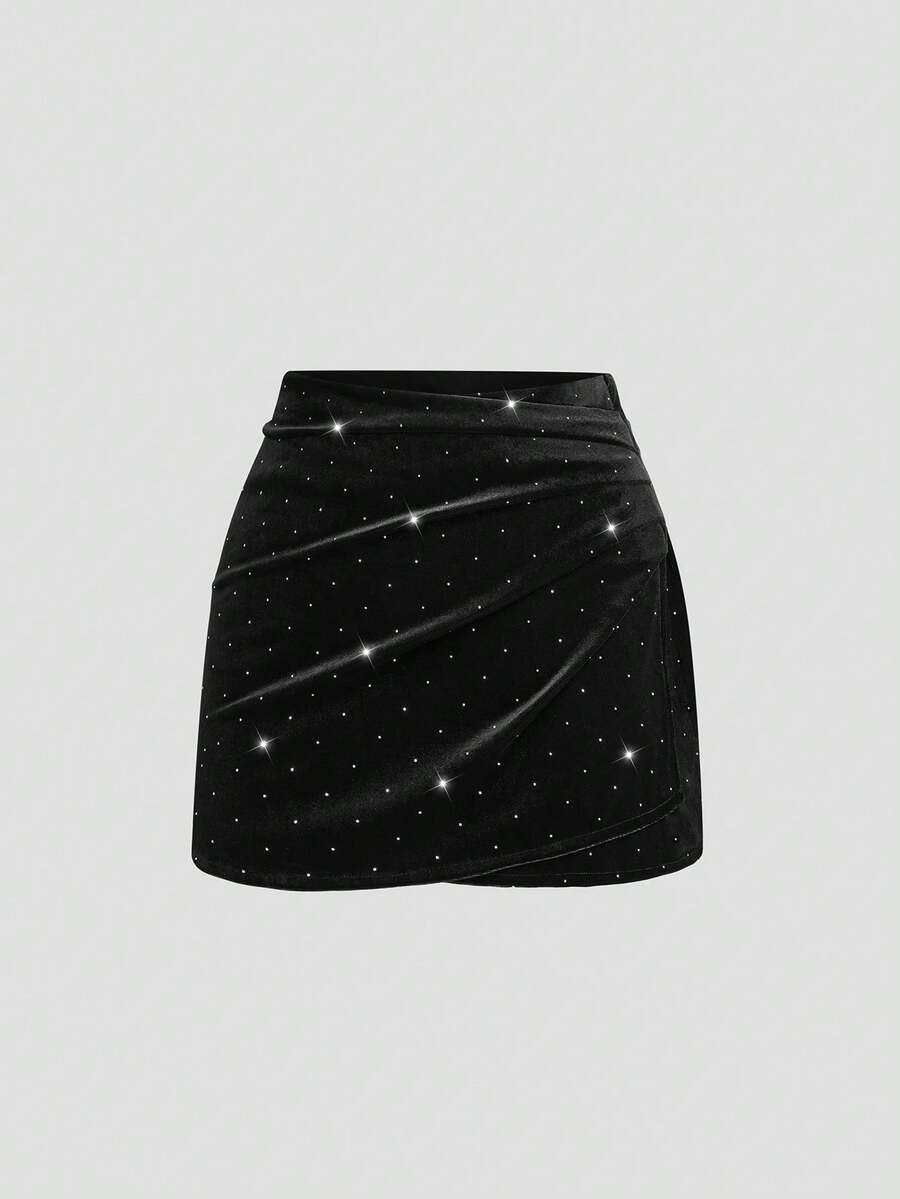 Sweetra Plus Size Black Rhinestone Pleated Ruched Waist Fitted Mini Skirt, Autumn/Winter - Black - View 1