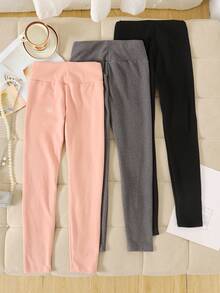 SHEIN Bộ 3 quần legging lót nhiệt họa tiết trái tim dệt kim cạp cao cho bé gái tuổi teen - Màu Hồng baby - Xem 2