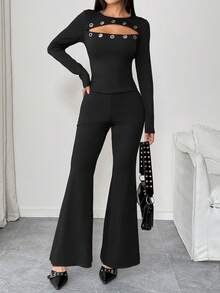 Chiquease Women's Black Sexy Casual Knit Long Sleeve Jumpsuit With Eyelet Collar Decoration - Black - View 5