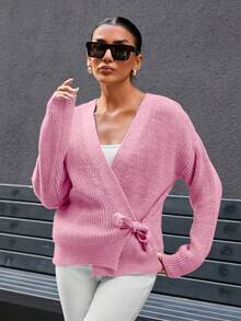 SHEIN 女式 V 领蝴蝶结灯笼袖超大开衫 - 淺粉色 - 查看 5