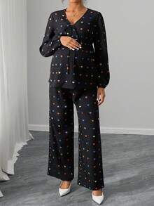 SHEIN 2pcs Heart Print Comfortable Commuting Set - Black - View 5