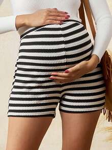 SHEIN Adjustable Waist Striped Maternity Skinny Casual Shorts Pregnancy Shorts Maternity Shorts Knit Shorts Knitted Shorts Striped Shorts,Maternity Clothes - Black and White - View 6