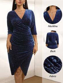 Zelara Plus Size Velvet Leopard Print Midi Dress,Navy Blue,Autumn,Elegant,Formal, Christmas Party Cocktail Dress For Women Sparkly New Year Outfit - Navy Blue - View 1