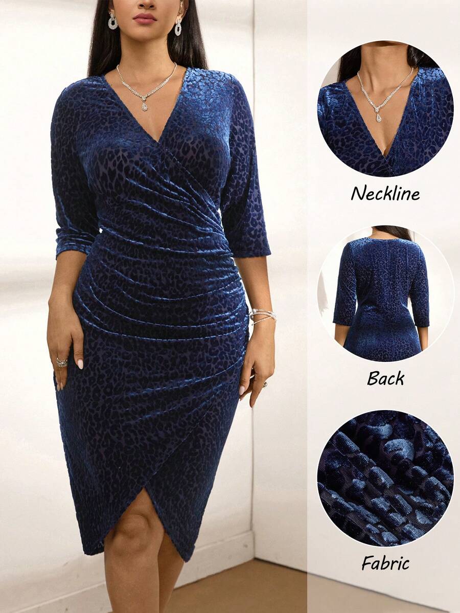 Zelara Plus Size Velvet Leopard Print Midi Dress,Navy Blue,Autumn,Elegant,Formal, Christmas Party Cocktail Dress For Women Sparkly New Year Outfit - Navy Blue - View 1