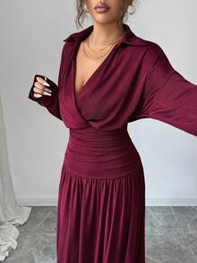 Selianne 女式优雅勃艮第衬衫领闪光雪纺褶饰腰部设计金属装饰纽扣长袖修身连衣裙，春秋 - 酒紅色 - 查看 6