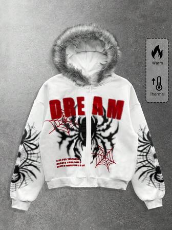 Men's Faux Fur Collar Spider Print Zip-Up Long Sleeve Sweatshirt Hoodie
