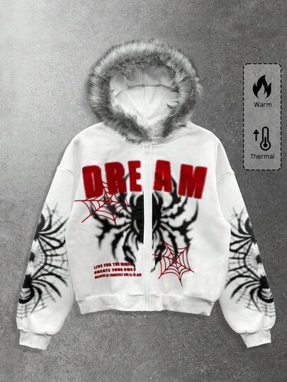 Sudadera con capucha de manga larga con cremallera, cuello de piel sintética y estampado de araña para hombres