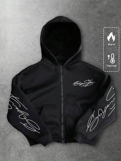 Street Life Men's Casual Letter Graphic Zip-Up Hoodie Sweatshirt, Autumn