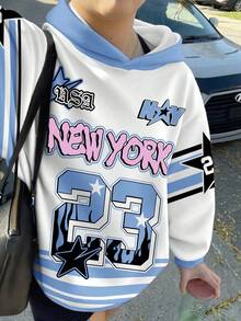 SHEIN Leap Crew 少女撞色街头风卫衣，23数字字母印花图案，舒适厚实柔软宽松套头衫，适合日常休闲穿着、街头风、上学、度假、秋冬季节。 - 彩色 - 查看 4