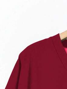 EMERY ROSE Women's V-Neck Loose Casual Versatile Bestselling T-Shirt, Autumn/Winter - Burgundy - View 4