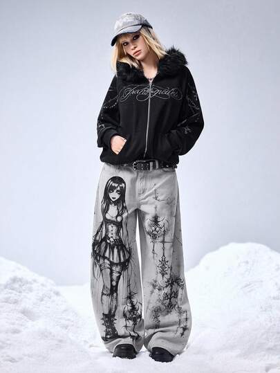 Grunge Punk Kpop Punk Style Oversized Blade Chain Print Zipper Hoodie Sweatshirt For Women