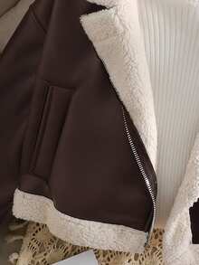 SHEIN Tween Girl Casual Street Chic Motorcycle Collar Metal Zipper Closure PU Lined Fleece Composite Fleece Short Long Sleeve Lapel Patchwork Faux Fur Jacket Coat, In Fall/Winter Girl Sweater Jacket Brown Jacket Teen Girls Teen Girl Zip Up Sweater Tween Crop Jacket Tween Plush Jacket - Brown - View 5