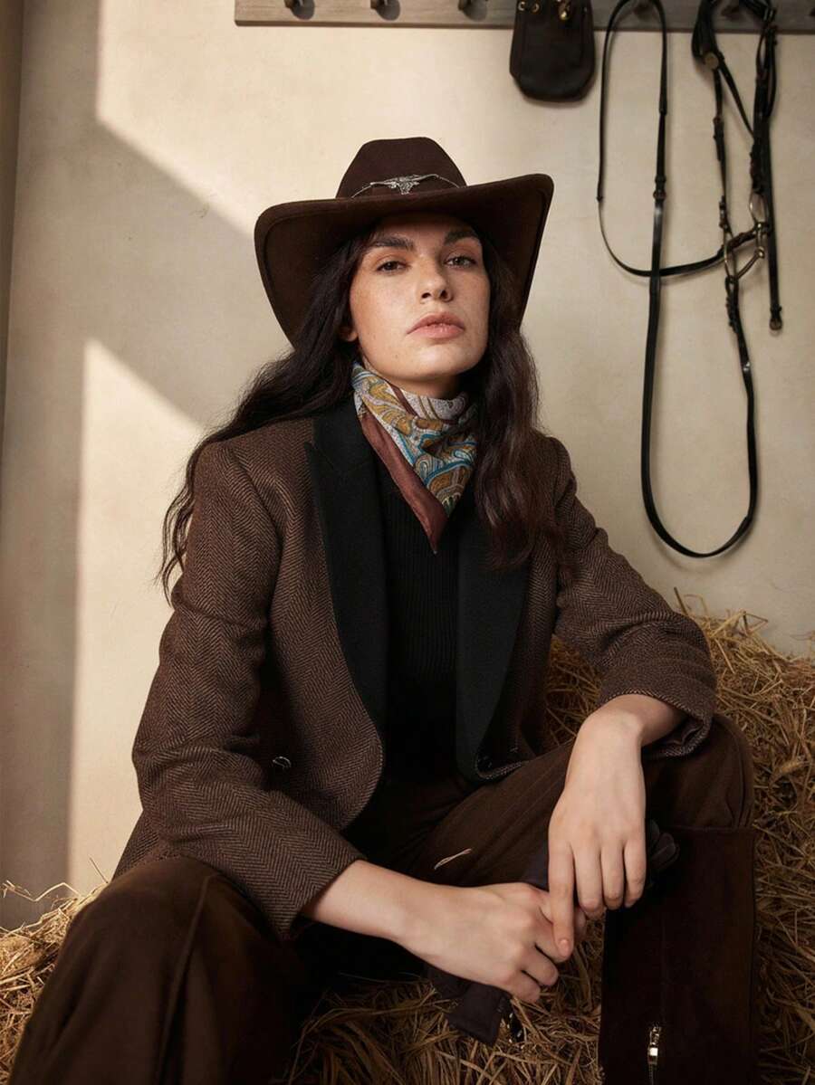 Zovinel Uhlyne 秋季棕色拼接西装外套，法式通勤风格，复古商务休闲女装 - 棕色 - 查看 1