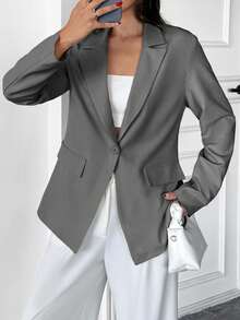 EURMUSE Women, Autumn, Jacket, Blazer, Beige, Regular Length, Regular Fit, Jersey Fabric, Slightly Elastic Fabric, Button, Fake Pocket, - Grey - View 4