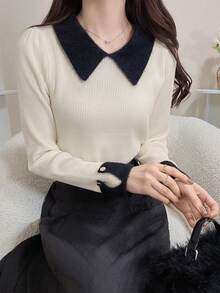 FRIFUL 女士撞色领泡泡长袖毛衣 - 白色 - 查看 3