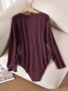 CosyJoli Plus Size Casual Textured Washed Snow Floral Lace Patchwork Heart Neck Long Sleeve Bodysuit - Rose Red - View 2