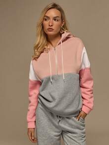 SHEIN Tall Sudadera casual con capucha, manga larga, cremallera y cordón, de color contrastante, para otoño/invierno - Gris Claro - Ver 1