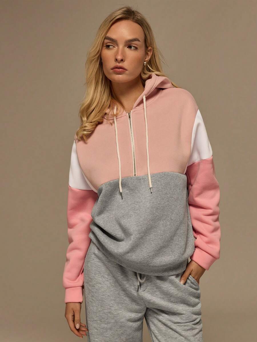 SHEIN Tall Sudadera casual con capucha, manga larga, cremallera y cordón, de color contrastante, para otoño/invierno - Gris Claro - Ver 1