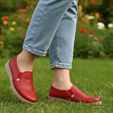 Calzado casual en Piel genuina , zapato de piso, mocasín moderno, zapato con elástico, calzado cómodo, zapato con perforaciones, zapato ventilado, calzado diario, zapato artesanal, zapato ligero - Rojo - Ver 1