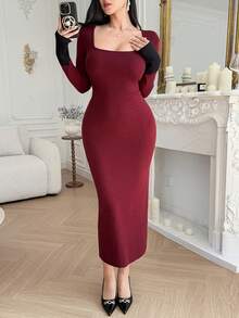 DAZY Women's Autumn/Winter Colorblock Square Neck Long Sleeve Fitted Elegant Knit Dress,New Year - Burgundy - View 4