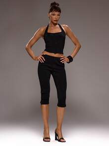 MUSERA 方形露背钩扣式修身绷带上衣套装（仅上衣）秋季性感优雅场合派对晚宴新年春夏假日 - 黑色 - 查看 6