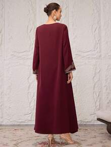 SHEIN Najma Váy dự tiệc tay loe thêu họa tiết Ả Rập thanh lịch dành cho nữ - Màu Đỏ Sâu - Xem 2