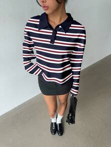 Aloruh Women's Autumn/Winter Sweatshirt Polo Shirt 2 In 1 Sweatshirt Red And Blue Striped Collegiate Style Retro Y2K Casual Top New Year Party - Multicolor - View 5