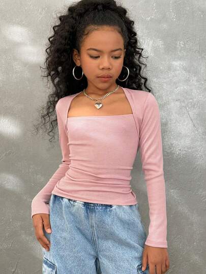 Coolane Camiseta ajustada con mangas raglán, cuello en U, cintura fruncida y elástica, de moda para niñas preadolescentes en otoño