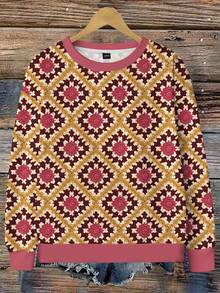 EMERY ROSE 女士休闲简约几何针织提花宽松圆领长袖卫衣，适合秋冬季穿着 - 彩色 - 查看 4