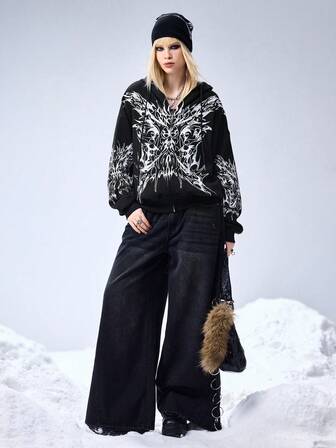 Grunge Punk Oversized Thorn Print Zip-Up Hoodie Sweatshirt For Women